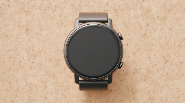 Smartwatch with round black screen and brown strap on beige textured surface, modern design and minimal style