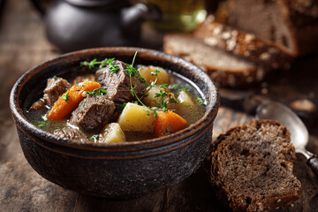 Rustic kig ha farz hearty meat stew with buckwheat pudding in Brittany kitchen