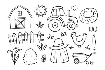 Farm Life Icon Set: A collection of charming, hand-drawn farm icons depicts elements of rural life, from the cheerful sun to a sturdy tractor and cozy barn. Perfect for adding a touch of rustic charm.