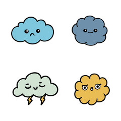Fototapeta premium Four cute cartoon clouds with different emotions isolated on white background