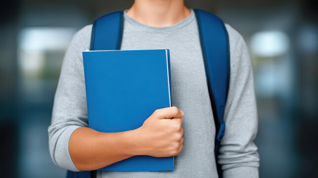 Student holding blue binder with backpack on shoulder, preparing for school with focus and determination