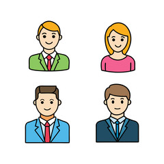 Fototapeta premium Four diverse cartoon business people icons isolated on white background