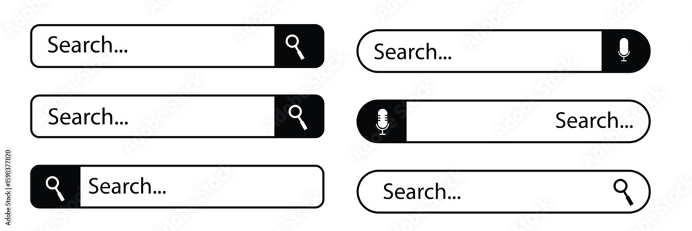 Poster collection of modern search bar ui elements in various styles and shapes with magnifying glass icon 