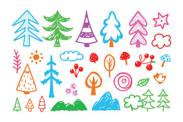 Crayon Trees: A collection of whimsical crayon-drawn trees in various shapes and colors. Illustrating a playful and artistic rendition of nature's beauty, perfect for a variety of creative projects.