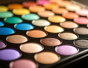 Close up of an open makeup palette showcasing numerous circular pans of colorful powders and shimmering eyeshadows