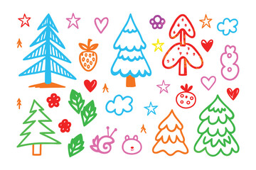 Crayon Art Forest Elements: Delightful crayon drawings of colorful fir trees, charming floral and natural elements and playful doodles to add a creative touch