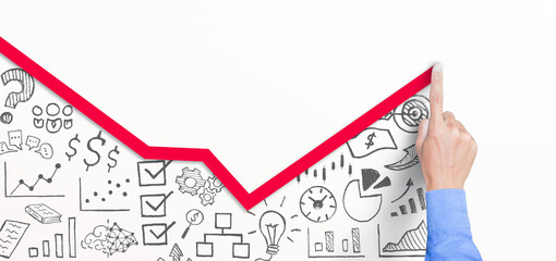 Businessman pushing graph up with business strategy on white background, Business success, innovation and solution concept
