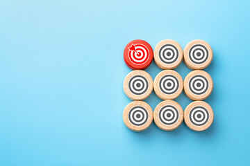 Target audience targeting concept. Target icon on wooden cubes. Bulls-eye. Marketing. High advertising efficiency. copy space