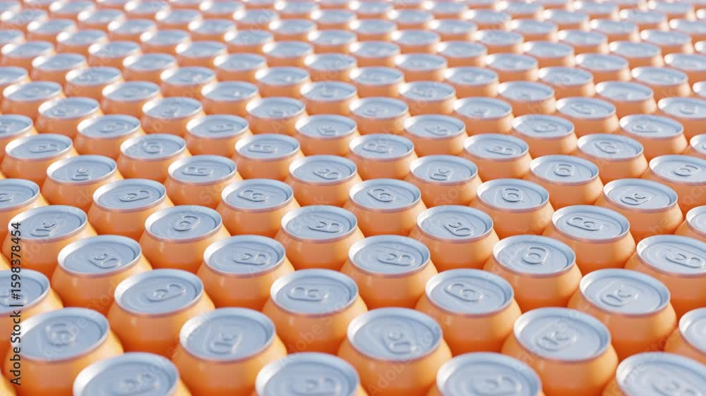 Poster abstract 3d animation of orange soda cans arranged evenly across a flat surface. seamless loop for u