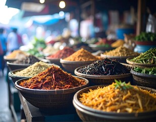 Fototapeta premium Numerous woven baskets overflow with a vibrant assortment of colorful spices and dried herbs