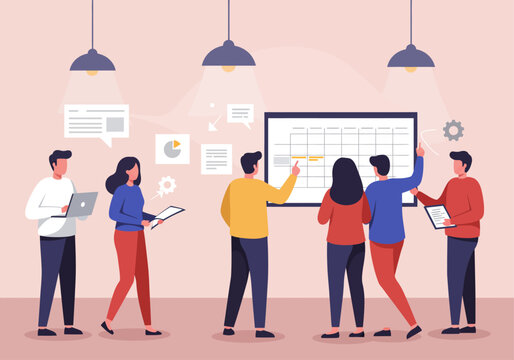 Business team collaborating around a shared calendar in a modern office setting.