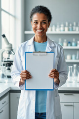 A smiling African-American woman in a white lab coat holds a clipboard with a blank sheet of paper in a modern laboratory setting.