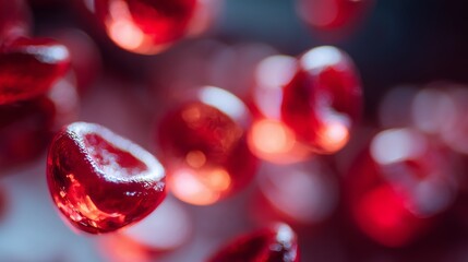 Close-up image showcasing the rich detail and luminous glow of floating red pomegranate seeds in soft focus.
