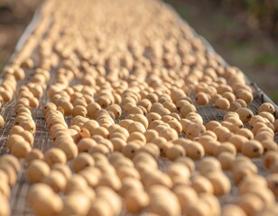 Obraz premium Numerous small round light brown fruits drying on a wire mesh rack outdoors