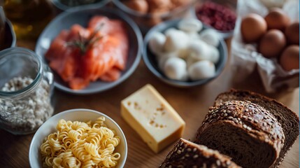 A variety of fresh breakfast ingredients including bread, cheese, pasta, salmon, and eggs arranged on a wooden table.