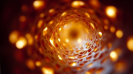 A vibrant abstract image featuring a glowing tunnel with intricate patterns and warm, out-of-focus bokeh lights for dramatic effect.