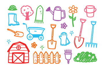 Gardening Elements: An array of hand-drawn gardening elements, including a watering can, shovel, and bucket. Capturing the tools and icons.
