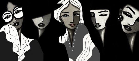 Elegant fashion illustration of mysterious women in black and white tones — abstract group portrait with retro and modern influences, ideal for branding, covers, and editorial design projects