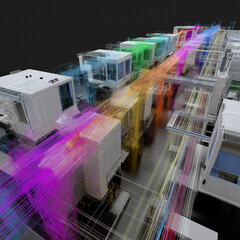 Plant simulation. Factory process simulation with color-coded lines for industrial analysis.