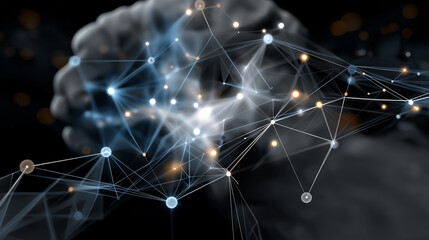 Retrieval Augmented Generation. AI brain vector search graphic connected to glowing technology