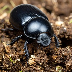 Black beetle on soil