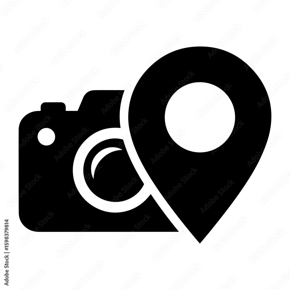 Aufkleber camera icon combined with a location pin symbol indicating geotagging or location based photography 