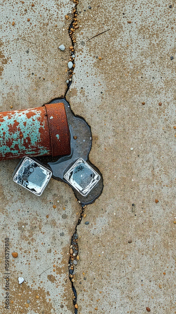 Poster pipe with deteriorating paint, two clear cubes, and a crack in the concrete create a textured and vi