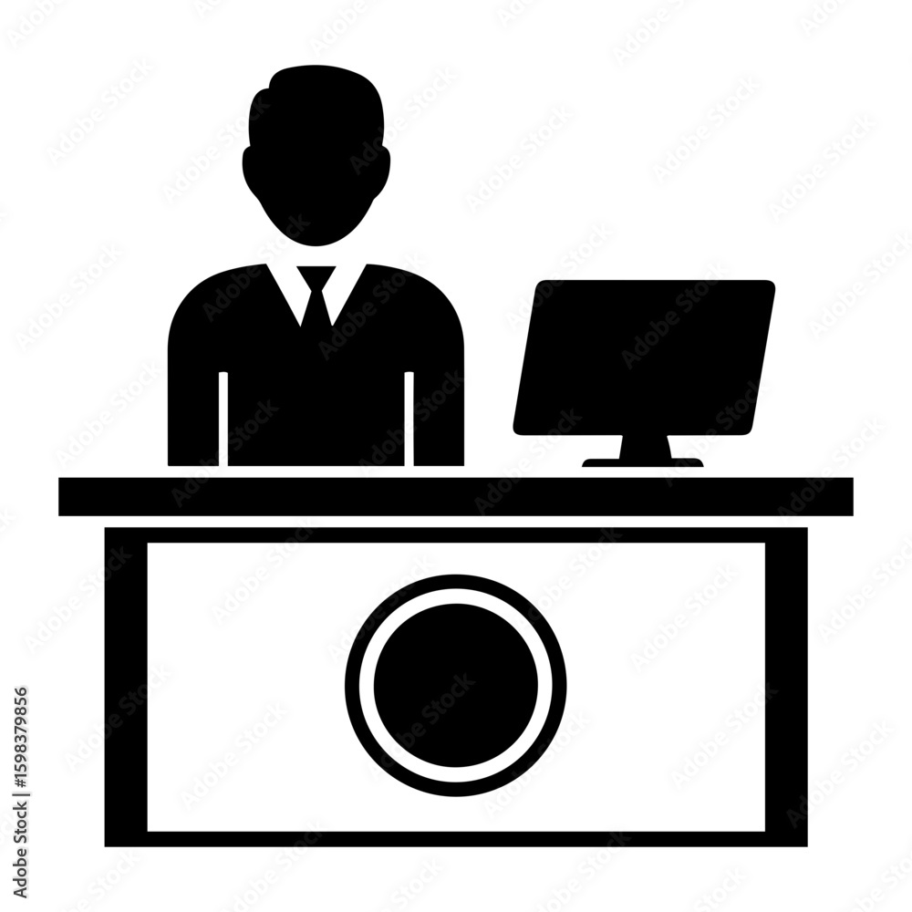 Poster illustration of a person behind a desk with a computer monitor displayed on the desk in black and wh