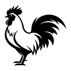 Stylized black and white illustration of a rooster with detailed feathers and a prominent comb design