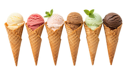 Six ice cream cones with different flavors in a row arrangement on transparent background