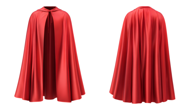 3d realistic vector red cape front and side view and back, isolated on white background.