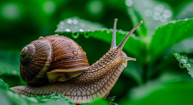 snail with a striped brown shell, crawling on a green leaf wet with water droplets.