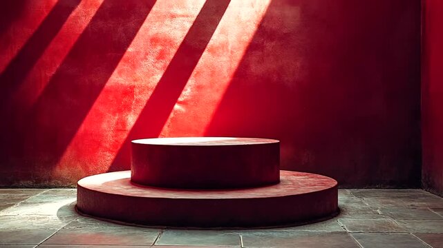 Elegant Red Presentation Stage with Dynamic Lighting for Product Displays or Events