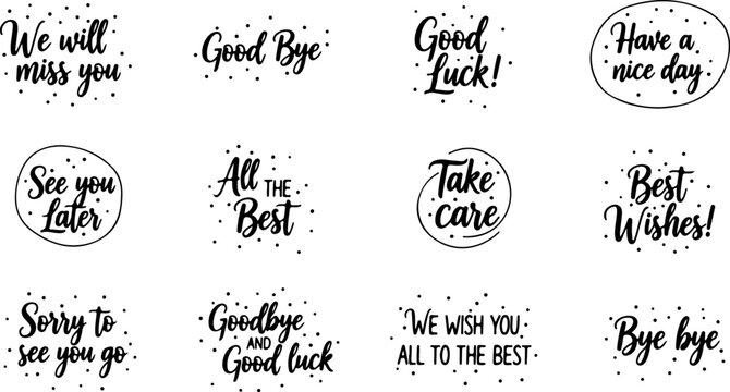 Vector art of farewell phrases for saying goodbye and wishing luck