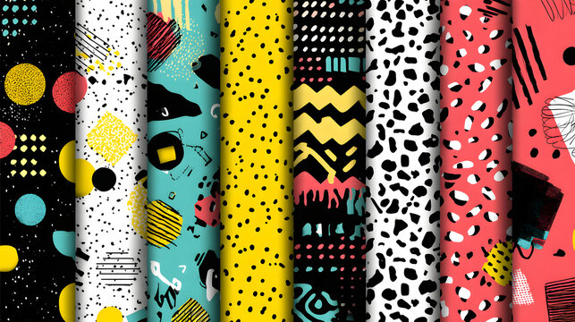 Memphis seamless patterns. Funky pattern, retro fashion 80s and 90s print pattern texture. Geometric graphics style textures. Abstract memphis decoration fabric vector set