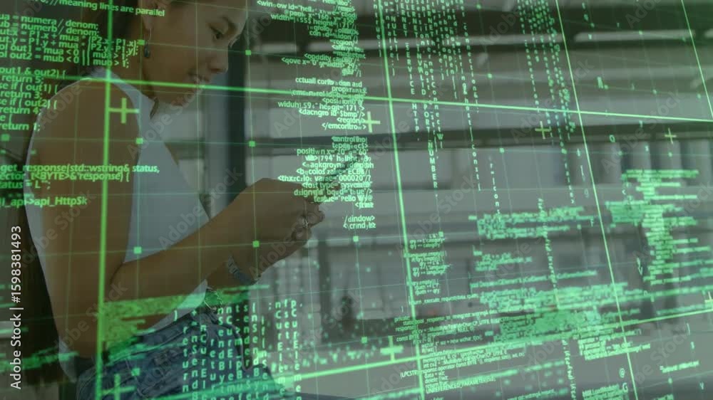 Poster woman unlocking smartphone in tech hub, tapping app with green code overlay sliding reviewing data
