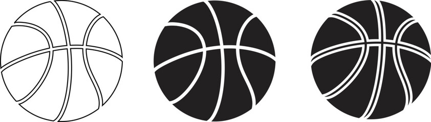 Three stylized basketball illustrations showing different levels of detail