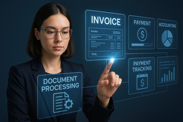 Businesswoman Interacting with Financial Interface Photo