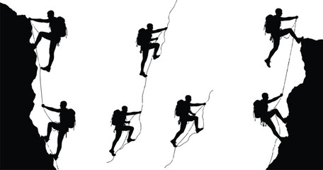 Vector art of silhouetted climbers ascend steep rock faces, showcasing the determination and challenge of mountain climbing