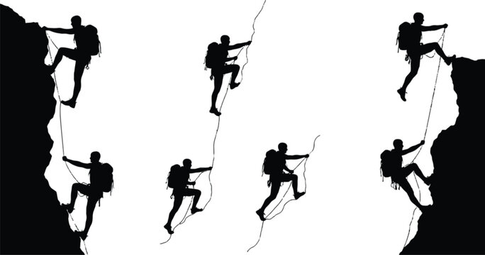 Vector art of silhouetted climbers ascend steep rock faces, showcasing the determination and challenge of mountain climbing