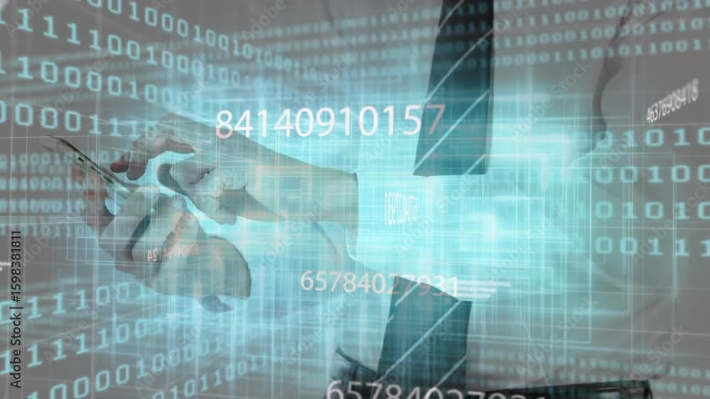 Poster executive tapping smartphone and navigating holographic data grid while visualizing data streams