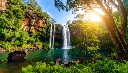 Waterfall cascading into a tranquil pool nestled in lush rainforest