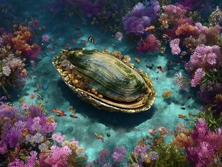 A giant clam surrounded by colorful coral in a vibrant underwater ecosystem