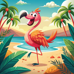 
Exotic Flamingo Bird Vector with Floral Island Decor