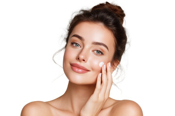 Woman smiling while applying face cream for smooth glowing skin isolated on transparent png background
