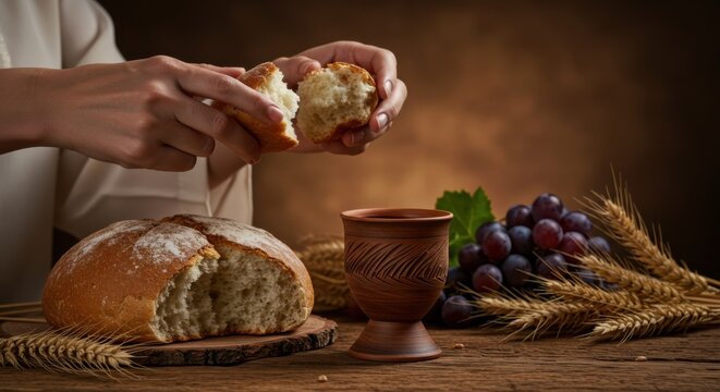 Man's hands breaking bread. Christian concept of Holy Communion with a cup of wine and grapes. Traditional religious offering for church.
