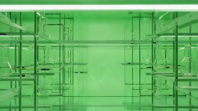 A pristine white laboratory setting with floating glass shelves. Each shelf holds science glassware, vials, and containers with green screen labels, set against a seamless green screen wall.