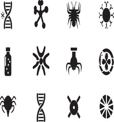 A collection of black and white medical and biological icons arranged on a white background