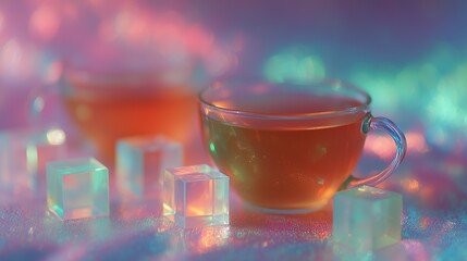Glass teacup with vibrant tea surrounded by glowing decorative cubes, creating a dreamy, colorful atmosphere.