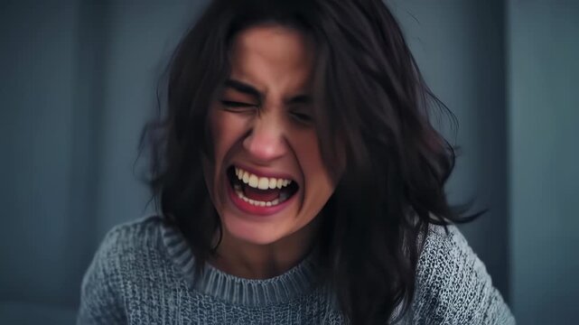Close-up of a distressed young woman with dark hair yelling loudly, her face contorted in agony or frustration, set against a simple grey studio backdrop, highlighting her raw emotional outburst.